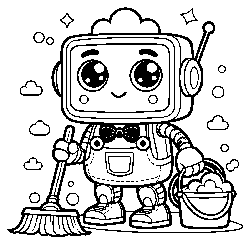 A Cute Helper Robot Cleaning A House