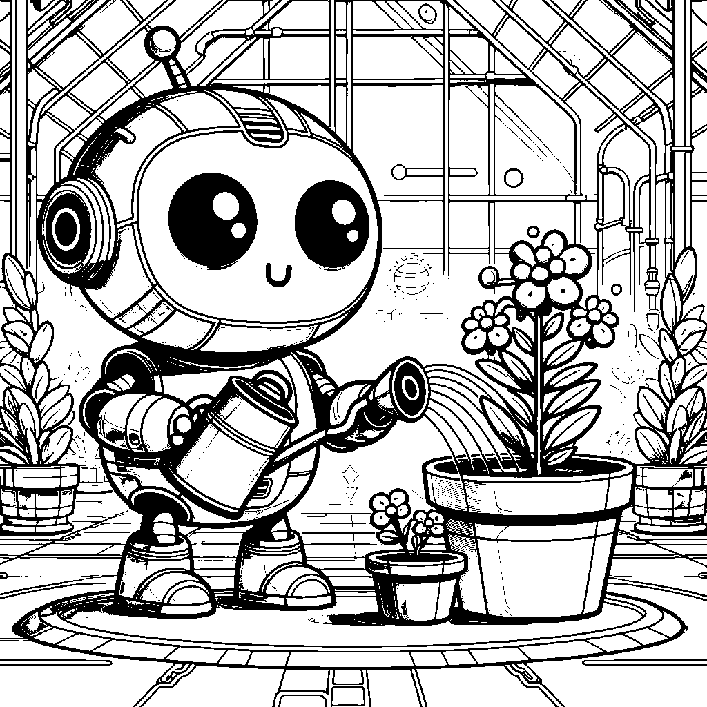 A Friendly Round Robot With Big Eyes Watering A Pot Of Flowers In A Futuristic Greenhouse