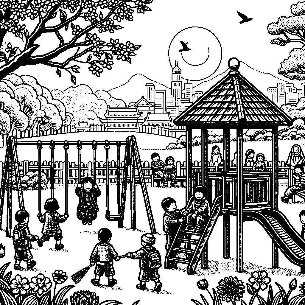 Children Playing On An Outdoor Playground With Swings, A Slide, And A Climbing Frame On A Sunny Spring Day