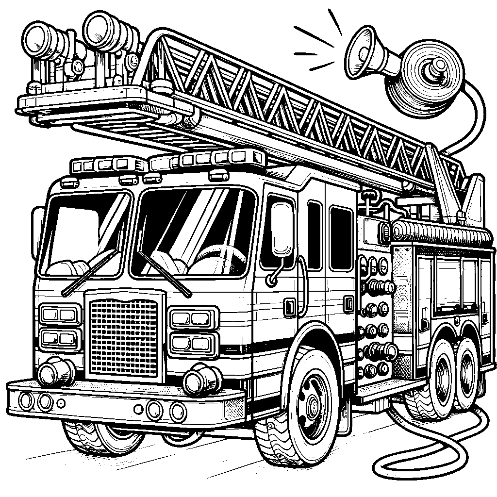 A Fire Truck With Ladders And Hoses Extended