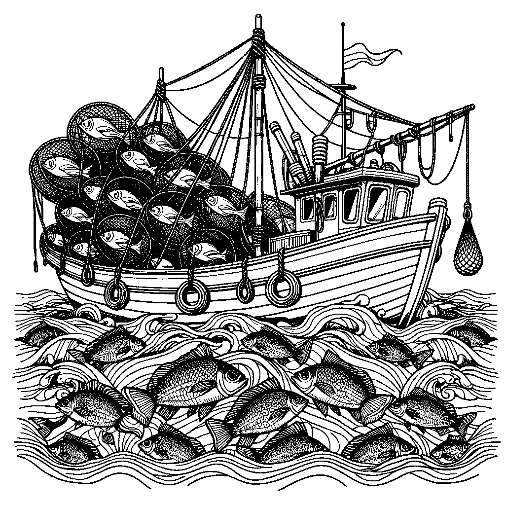 A Fishing Boat With Nets Full Of Fish