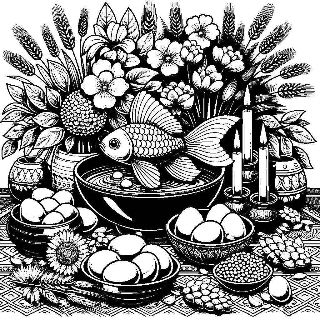 A Vibrant Nowruz Spring Table With Goldfish Bowl, Candles, Eggs, And Sprouted Wheat