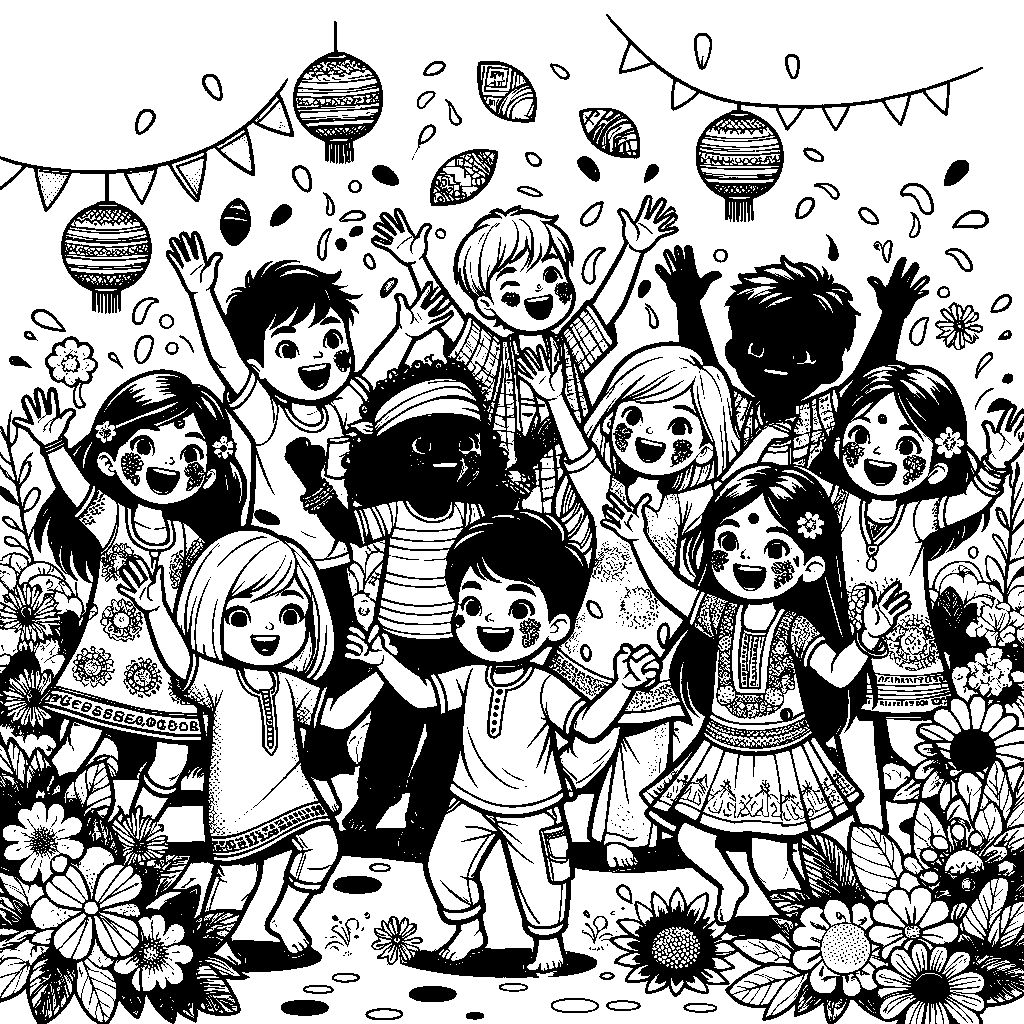 Children Celebrating Holi Festival Throwing Colorful Powder In The Air With Flowers And Lanterns Around Them