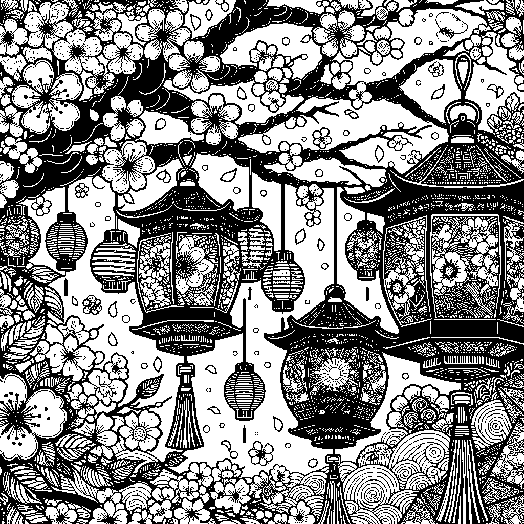 Japanese Cherry Blossom Festival With Lanterns