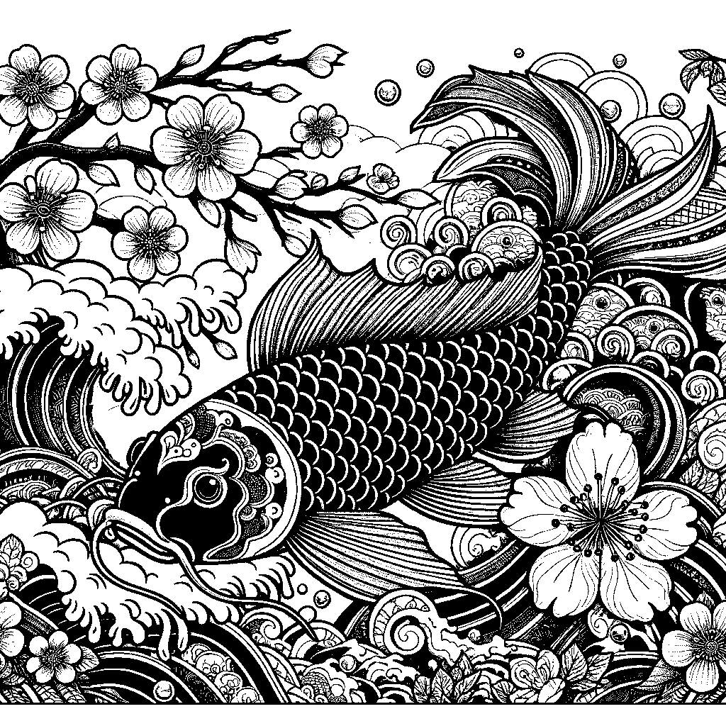 A Detailed Japanese Koi Fish In The Style Of Traditional Ukiyo-e Art With Waves And Cherry Blossoms