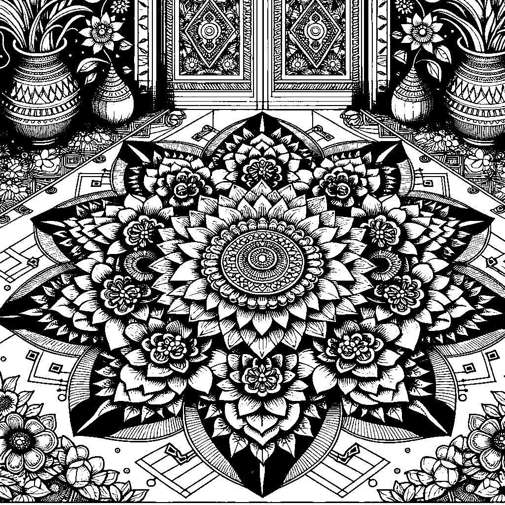 An Intricate Rangoli Design With Petals And Geometric Patterns In A Doorway